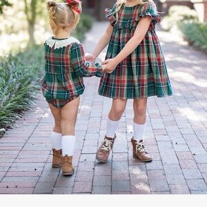 Charming Plaid Kids' Dress Set with bloomers Size 6Y